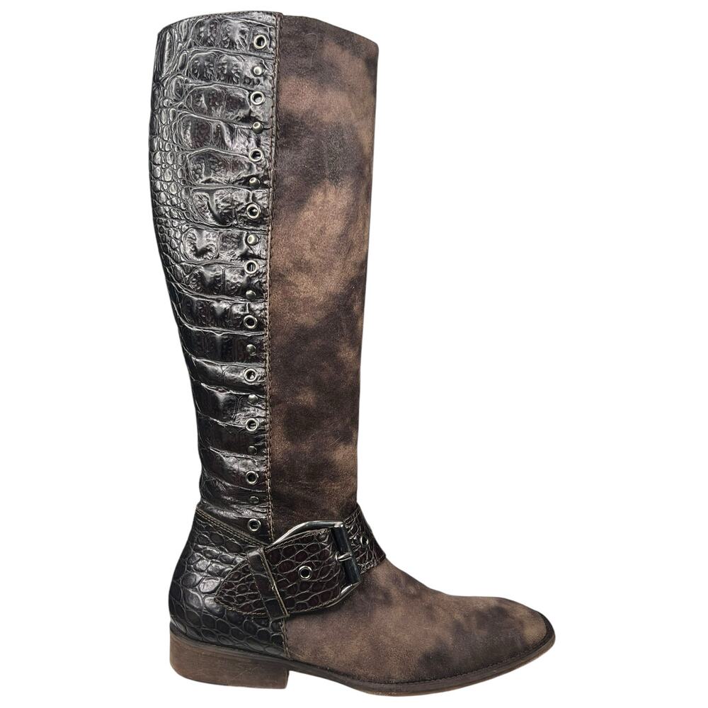 Donald J Pliner Women’s Gale Brown Alligator Style Riding Boot Size US 7.5
